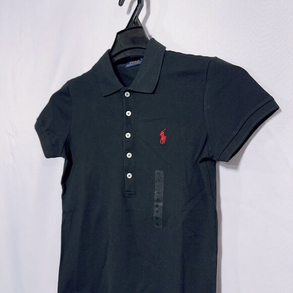 Polo Ralph Lauren Women’s Slim Fit M Stretchy Mesh Polo Shirt Black Red Pony NWT - Picture 3 of 5